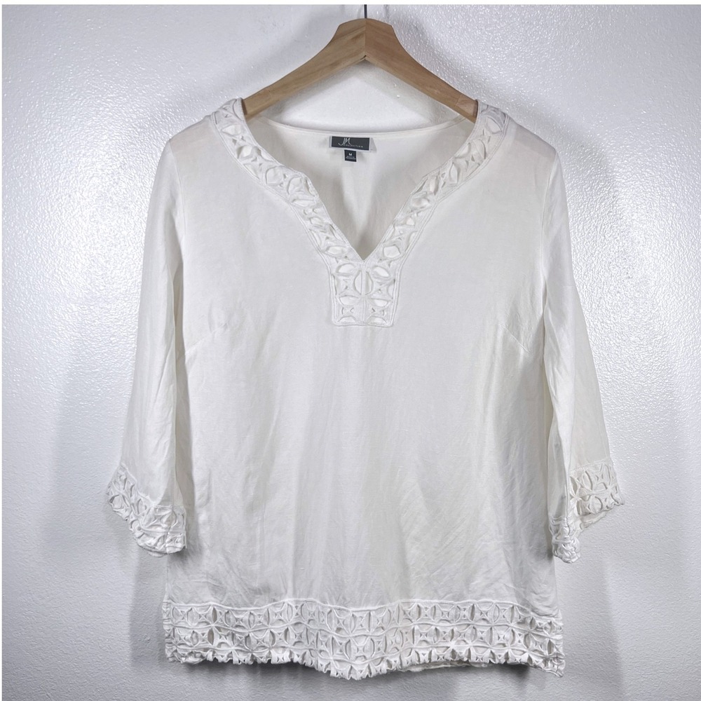 JM Collection Linen Blend Top V-Neck Crochet Trim 3/4‎ Sleeve White Size Medium